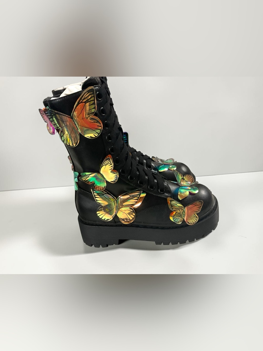 Dolls Kill Platform Lace-Up Boots w/Iridescent Butterfly Accents Women's Size 5M